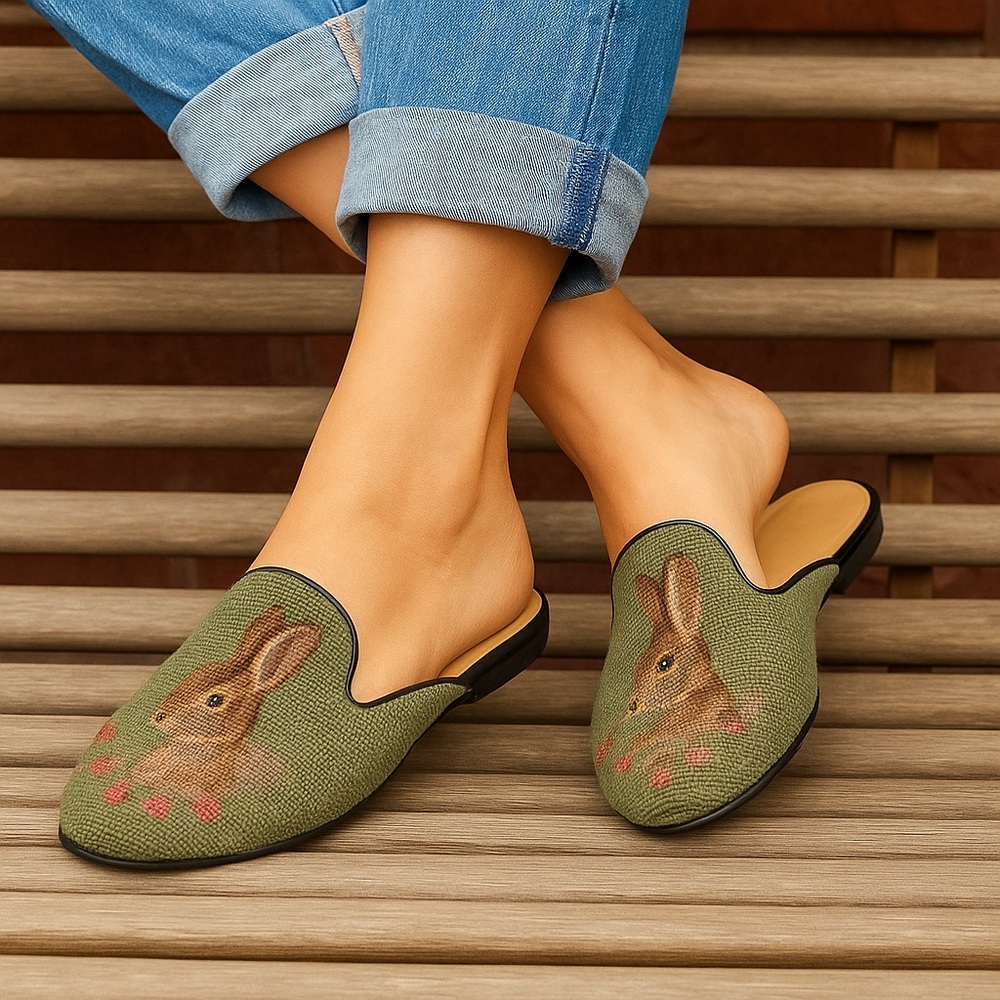 Bunny on Sage Needlepoint Mule Soles ByPaige